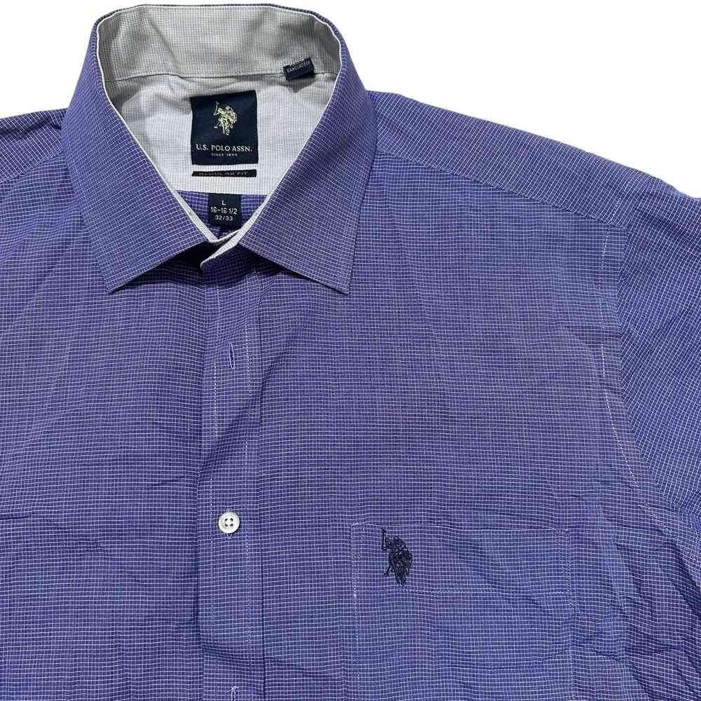 U.S. Polo Assn Mens Purple‎ Micro Check Dress Shirt L 16-16.5 32-33